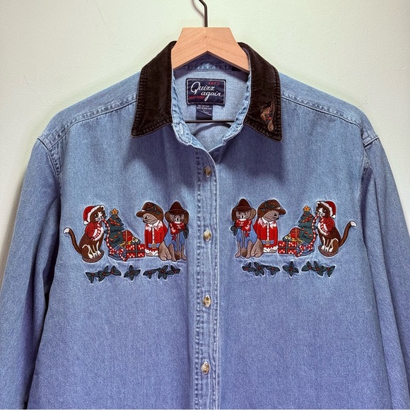 Vintage 90s Let’s Quiz Again Ugly Christmas Denim‎ Shirt Western Cowboy Cats L - Picture 2 of 12